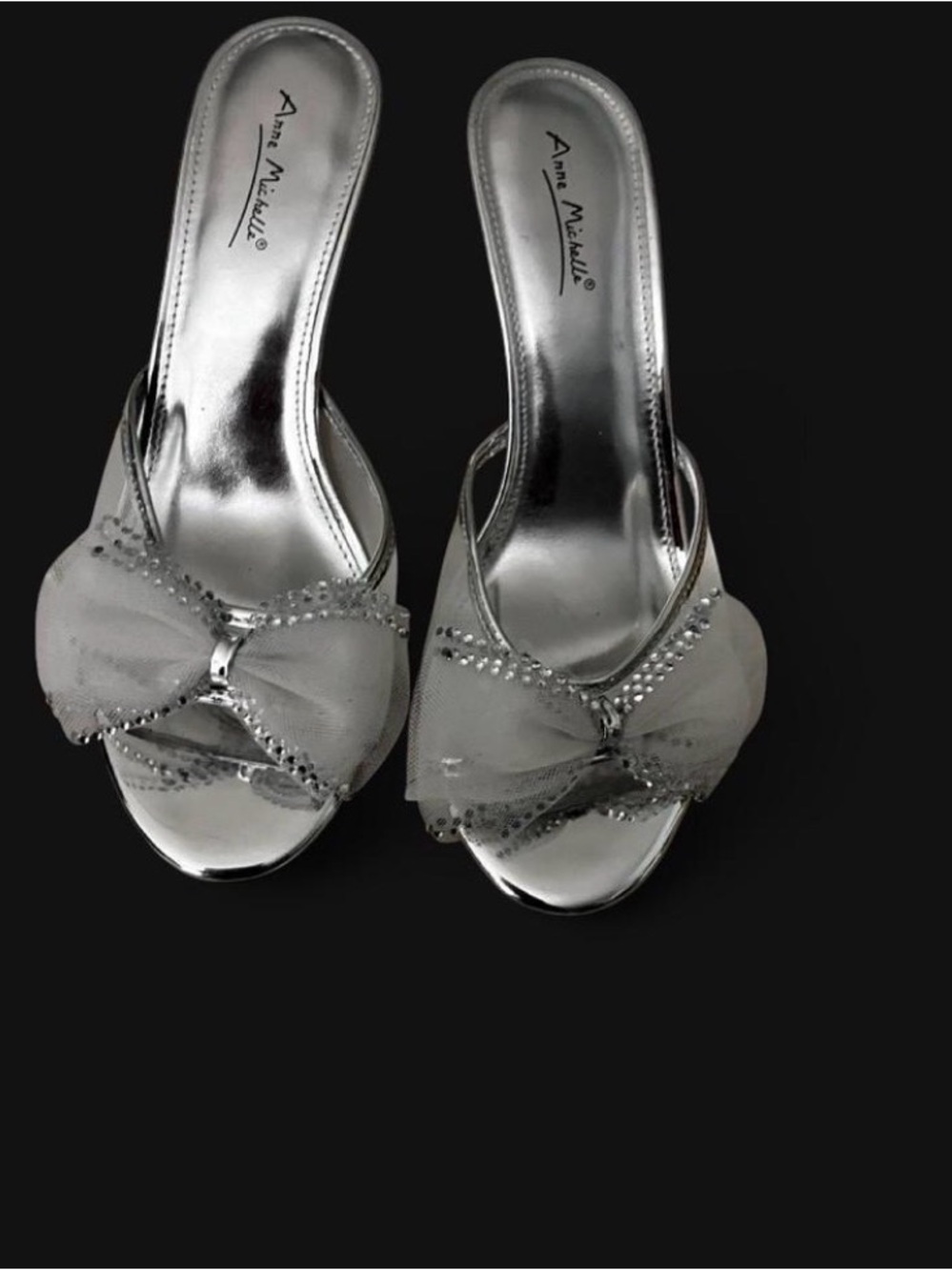 Anne Michelle Silver Mesh Bow Open-Toe Mules